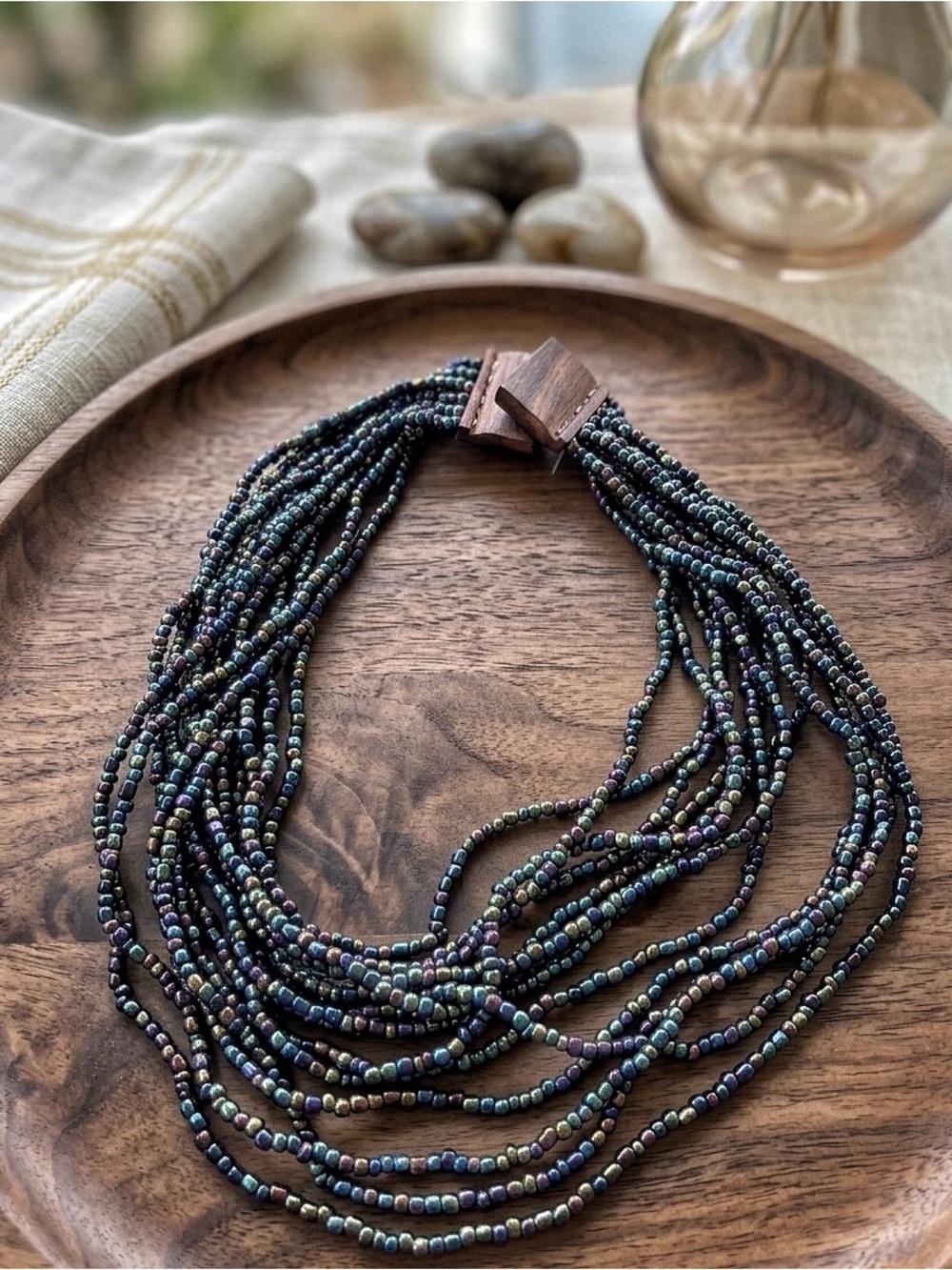 Handmade Multistrand Seed Bead Necklace in Iridescent Black and Blue